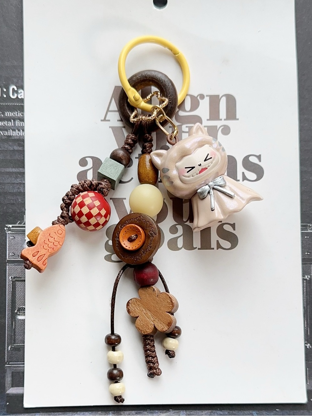 Cute Labubu Bag Charm Keychain with Wood Beads